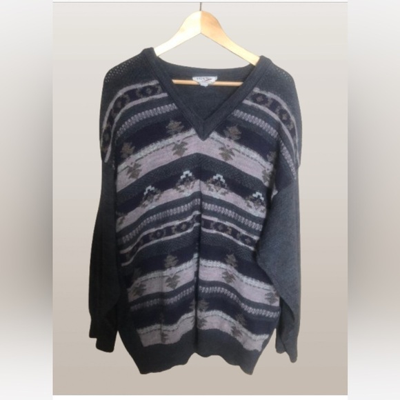 Vintage 90s Aztec Southwestern Wool Blend V-Neck Sweater XXL - Picture 1 of 9
